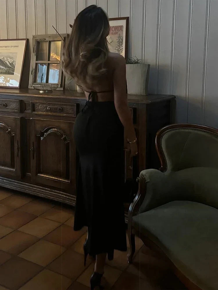 Halter Neck Metal Ring Waist Cut Out Plunging V-Neck Maxi Dress 6