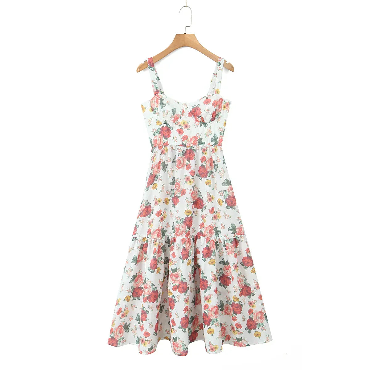 Sweetheart Neck Floral Print Bustier Tiered Ruffle Midi Dress 3