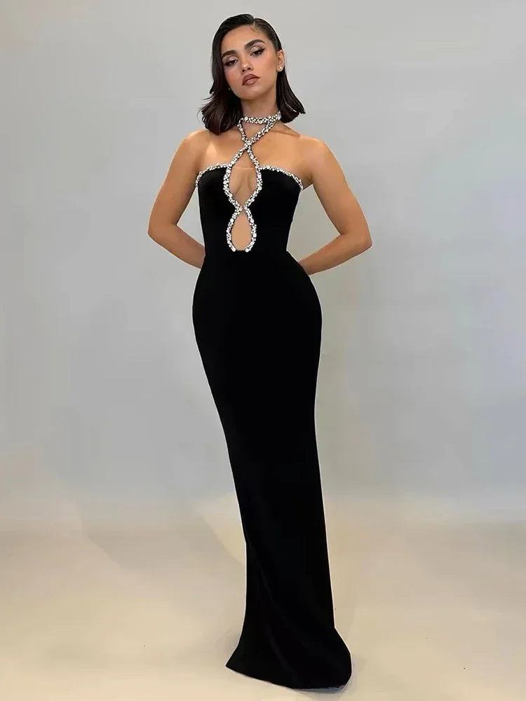 Halter Crystal Strap Keyhole Cutout Column Maxi Gown