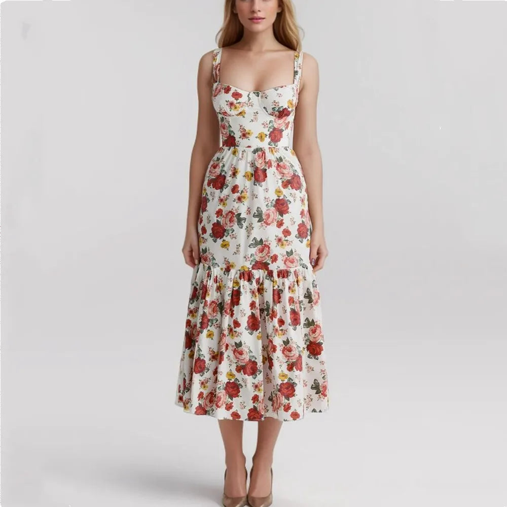 Sweetheart Neck Floral Print Bustier Tiered Ruffle Midi Dress 2