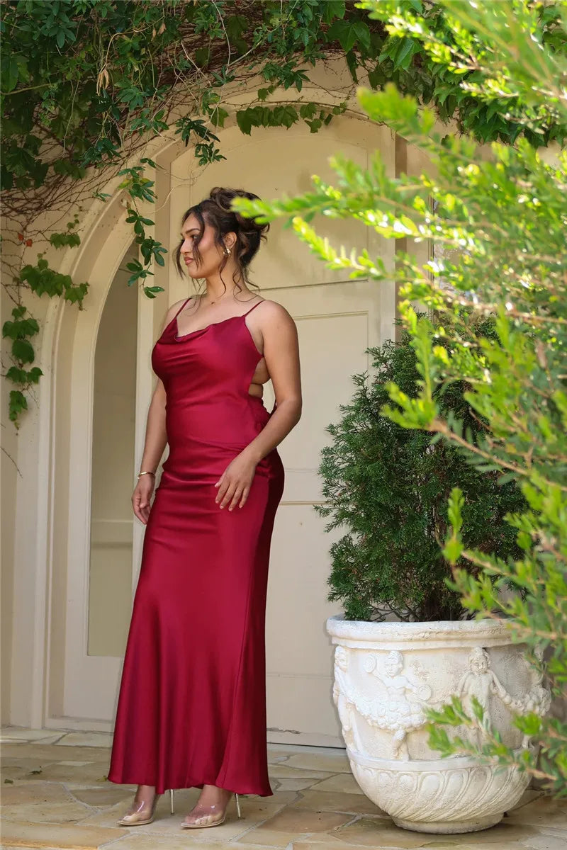Spaghetti Strap Floral Applique Cowl Back Satin Maxi Dress 25