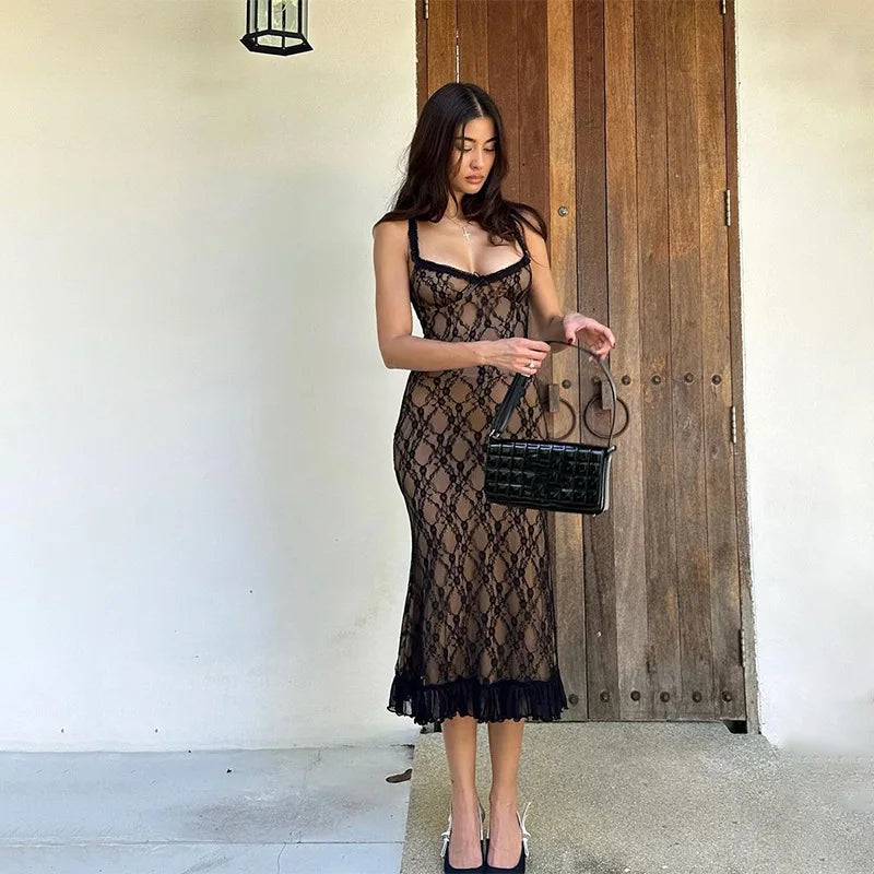 Lace Floral Overlay Spaghetti Strap Scoop Neck Ruffle Hem Midi Dress 5