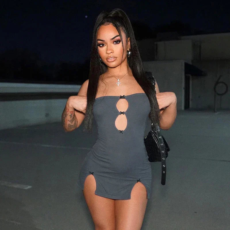 Strapless Keyhole Bow Front Dual Slit Bodycon Mini Dress 2
