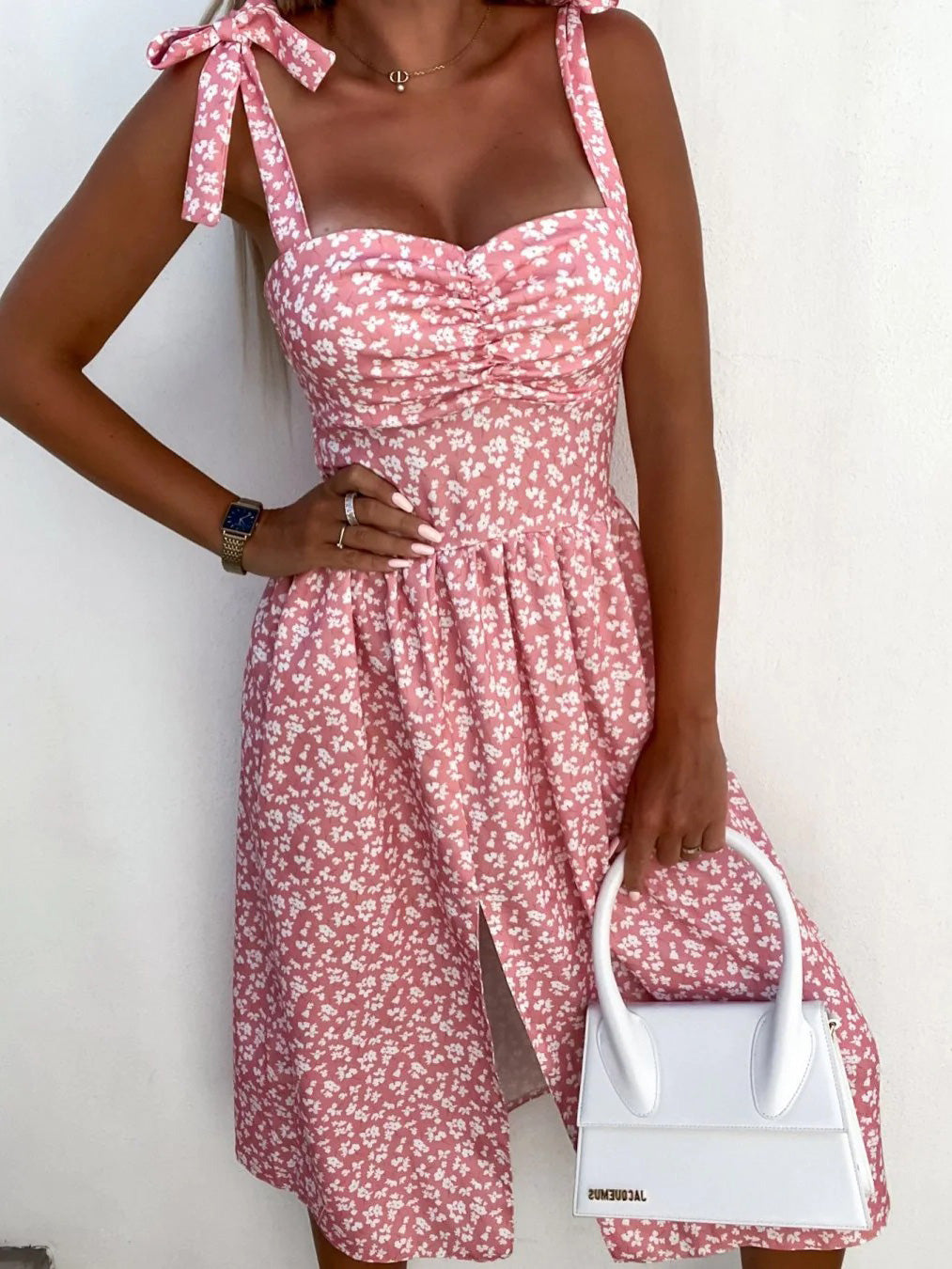 Bow Tie Shoulder Sweetheart Ruched Bust Floral Print High Slit Midi Dress 4
