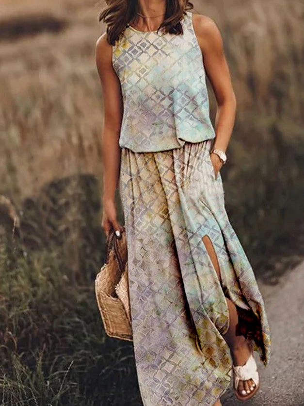Geometric Tribal Print Crew Neck Sleeveless Pocket Side Slit Maxi Dress 4