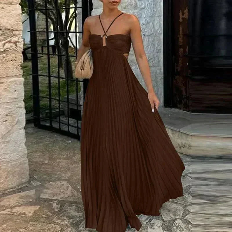 Halter Criss Cross Cutout Waist Sunray Pleat Maxi Dress 4