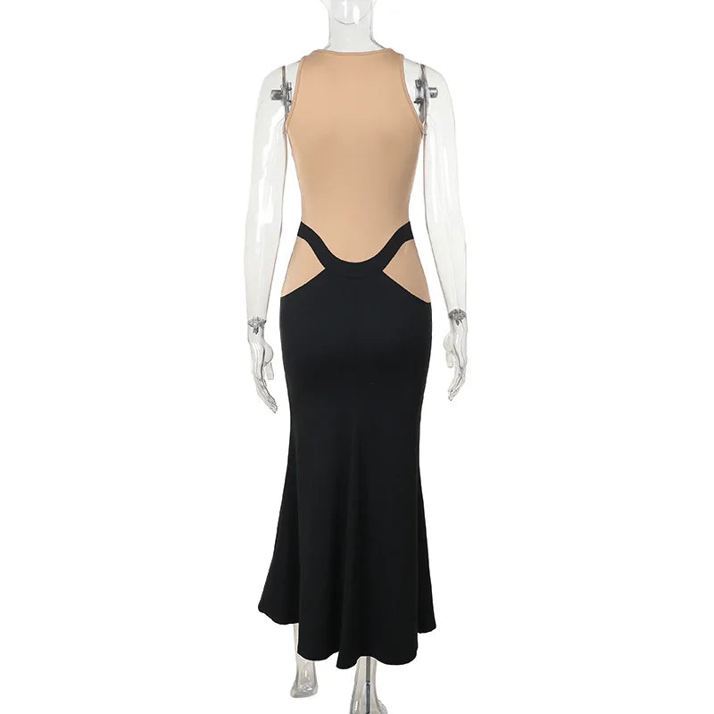 High Neck Sheer Mesh Bodice Curved Waist Hip Cutout Column Maxi Gown 9