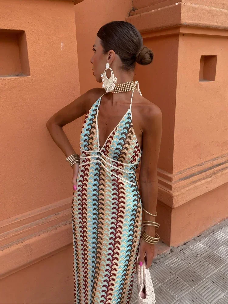 Halter Deep V Neck Multi Strap Crochet Chevron Maxi Dress 3