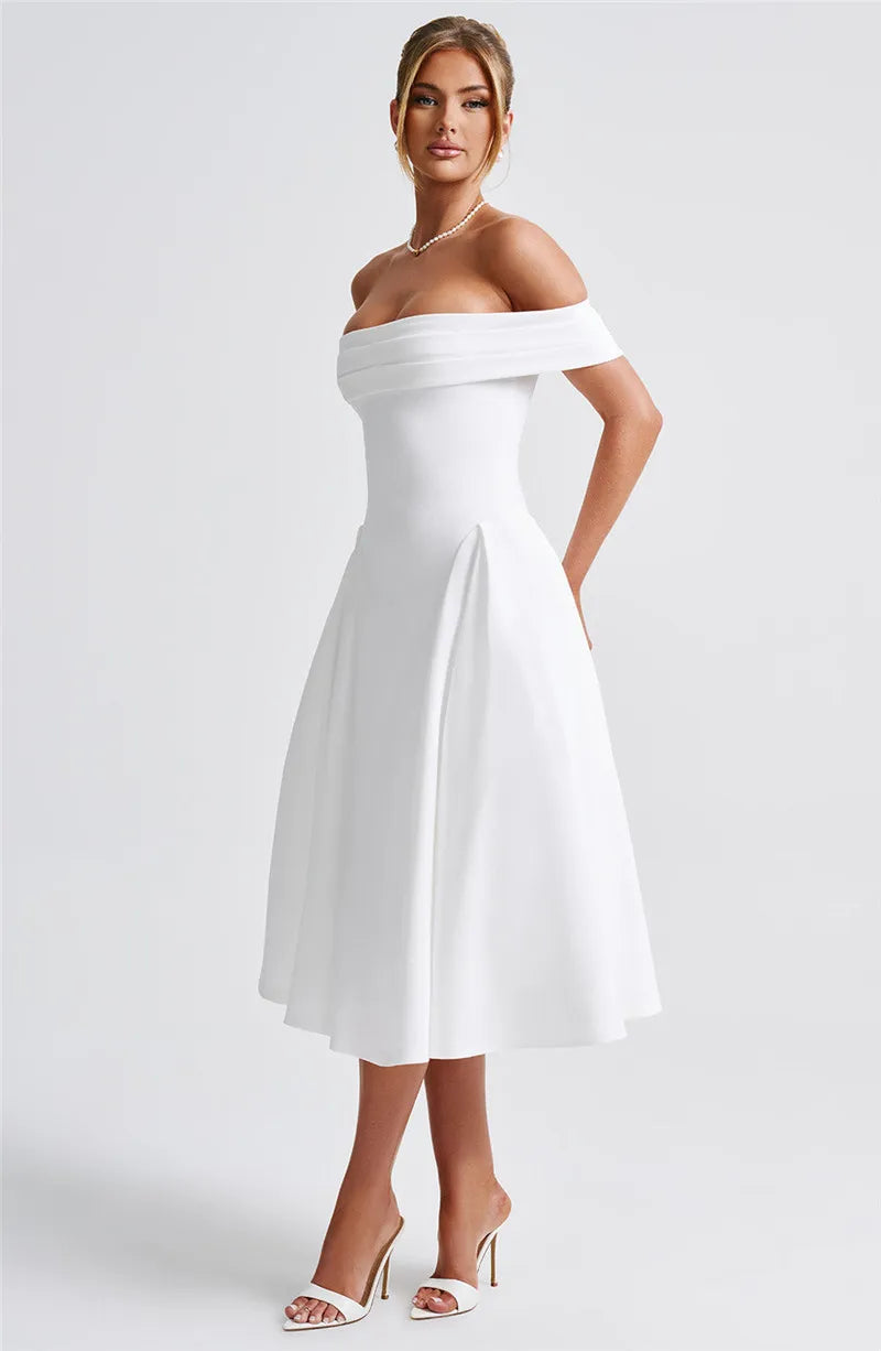 Off-Shoulder Folded Band Box Pleat Flare Midi Dress 10