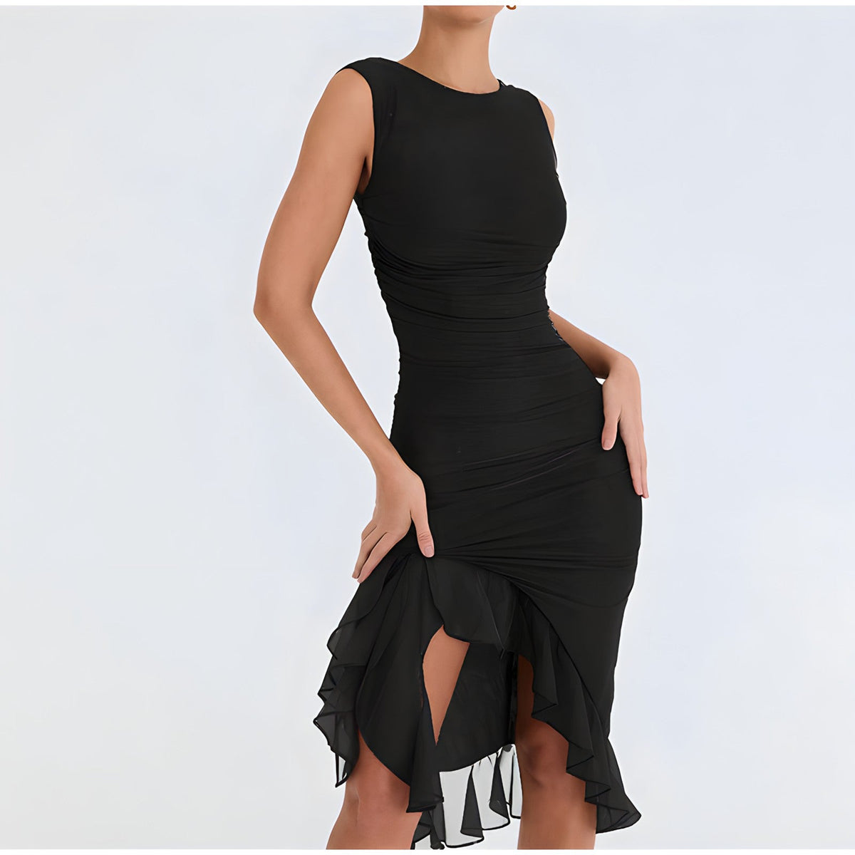 Ruched Crew Neck High Split Ruffle Hem Bodycon Midi Dress