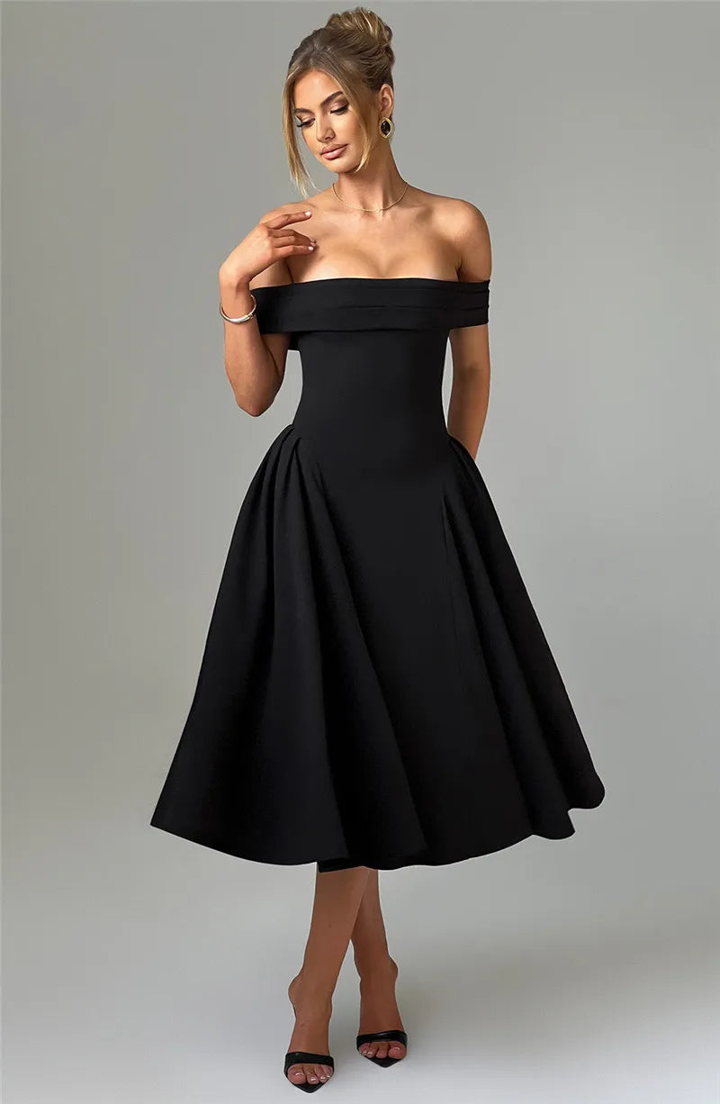 Off-Shoulder Folded Band Box Pleat Flare Midi Dress 15