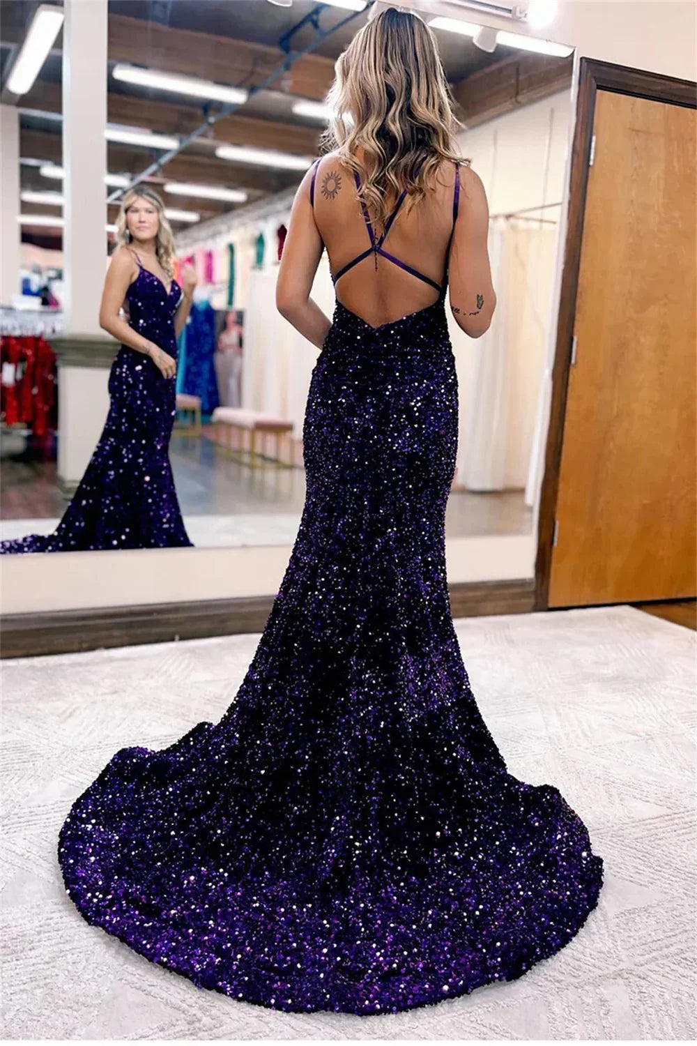 Sequin Criss Cross Back Deep V-Neck Mermaid Maxi Gown 3