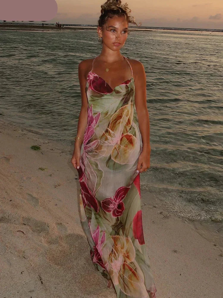 Floral Print Cowl Neck Halter Spaghetti Strap Maxi Dress 16