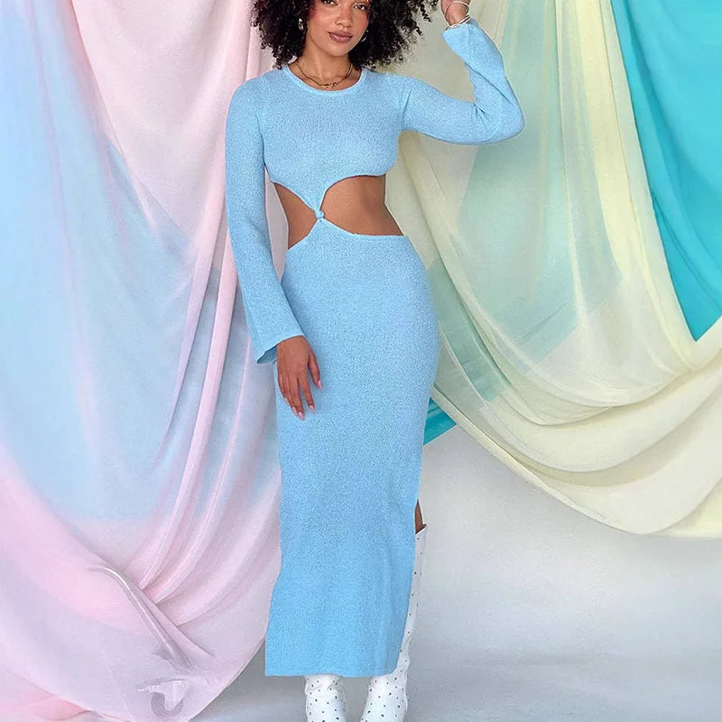 Crew Neck Cutout Twist Waist Side Slit Boucle Knit Maxi Dress 19