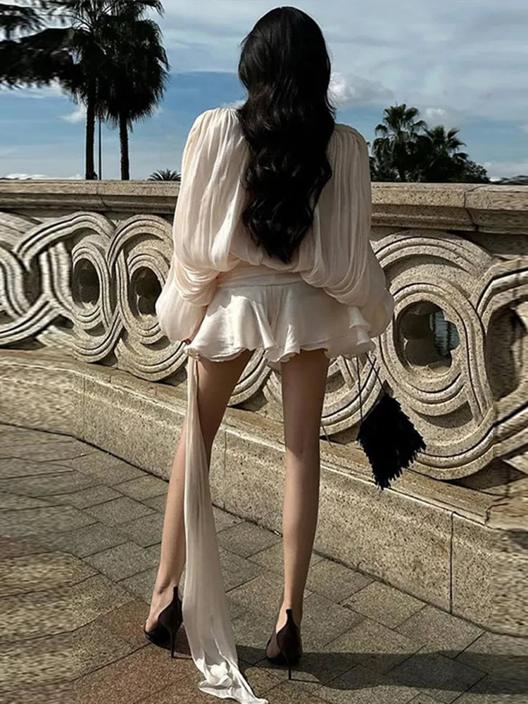 Keyhole Tie Neck Pleated Bishop Sleeve Tiered Ruffle Skirt Set 5