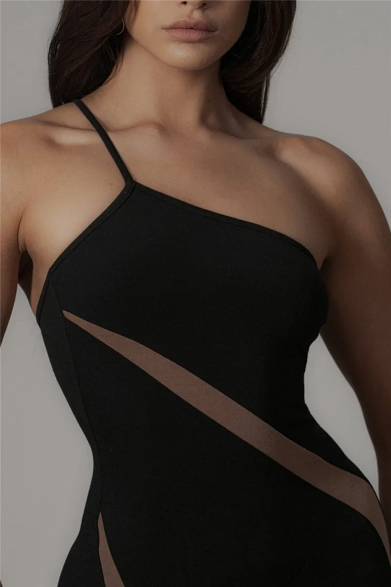 One Shoulder Mesh Panel Patchwork Maxi Dress 9