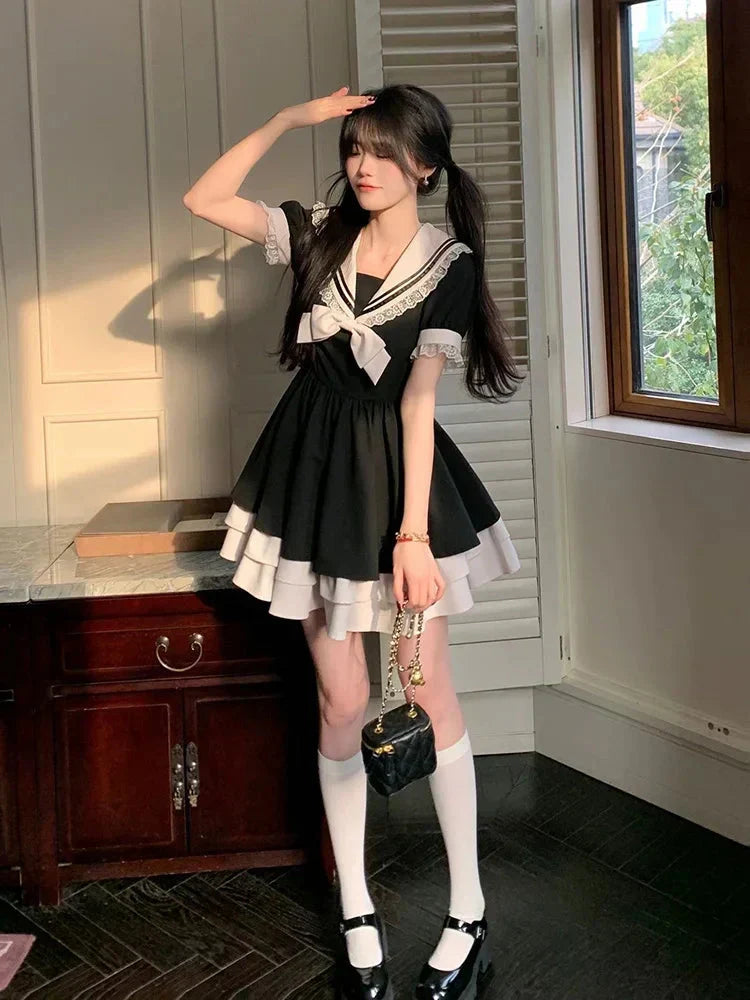 Sailor Collar Lace Trim Bow Tie Pleated Ruffle Hem Mini Dress