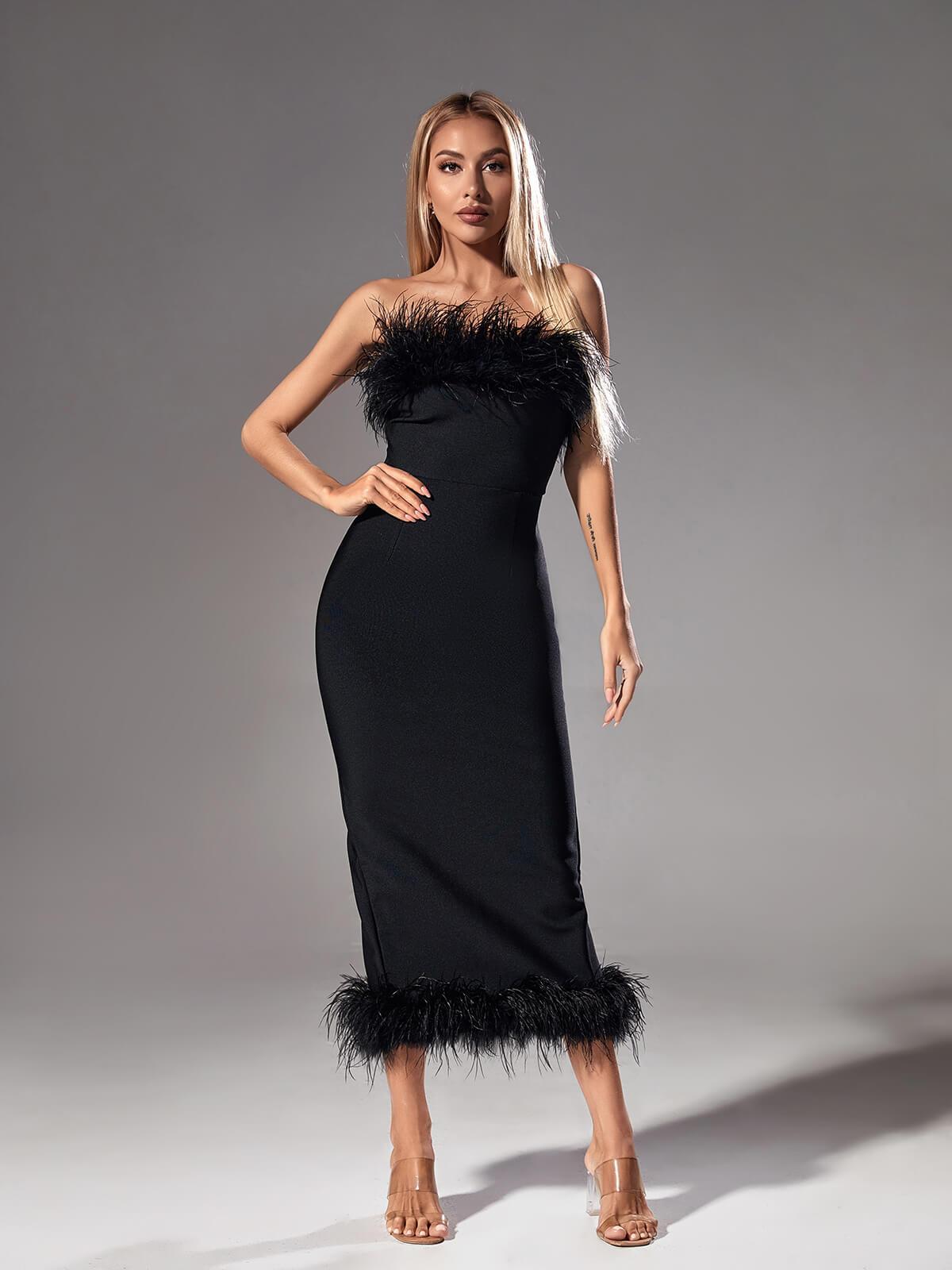 Strapless Feather Trim Bodycon Midi Dress 4