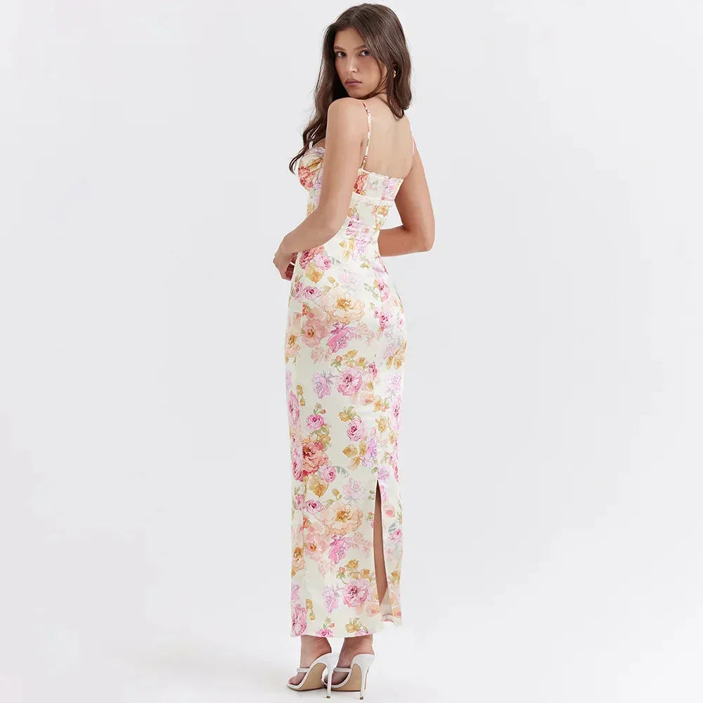 Floral Print Sweetheart Ruched Spaghetti Strap Satin Bodycon Maxi Dress 2