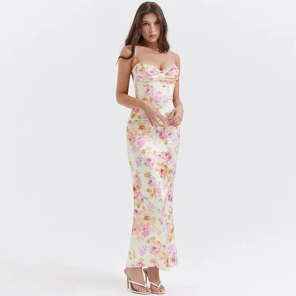 Floral Print Sweetheart Ruched Spaghetti Strap Satin Bodycon Maxi Dress 3