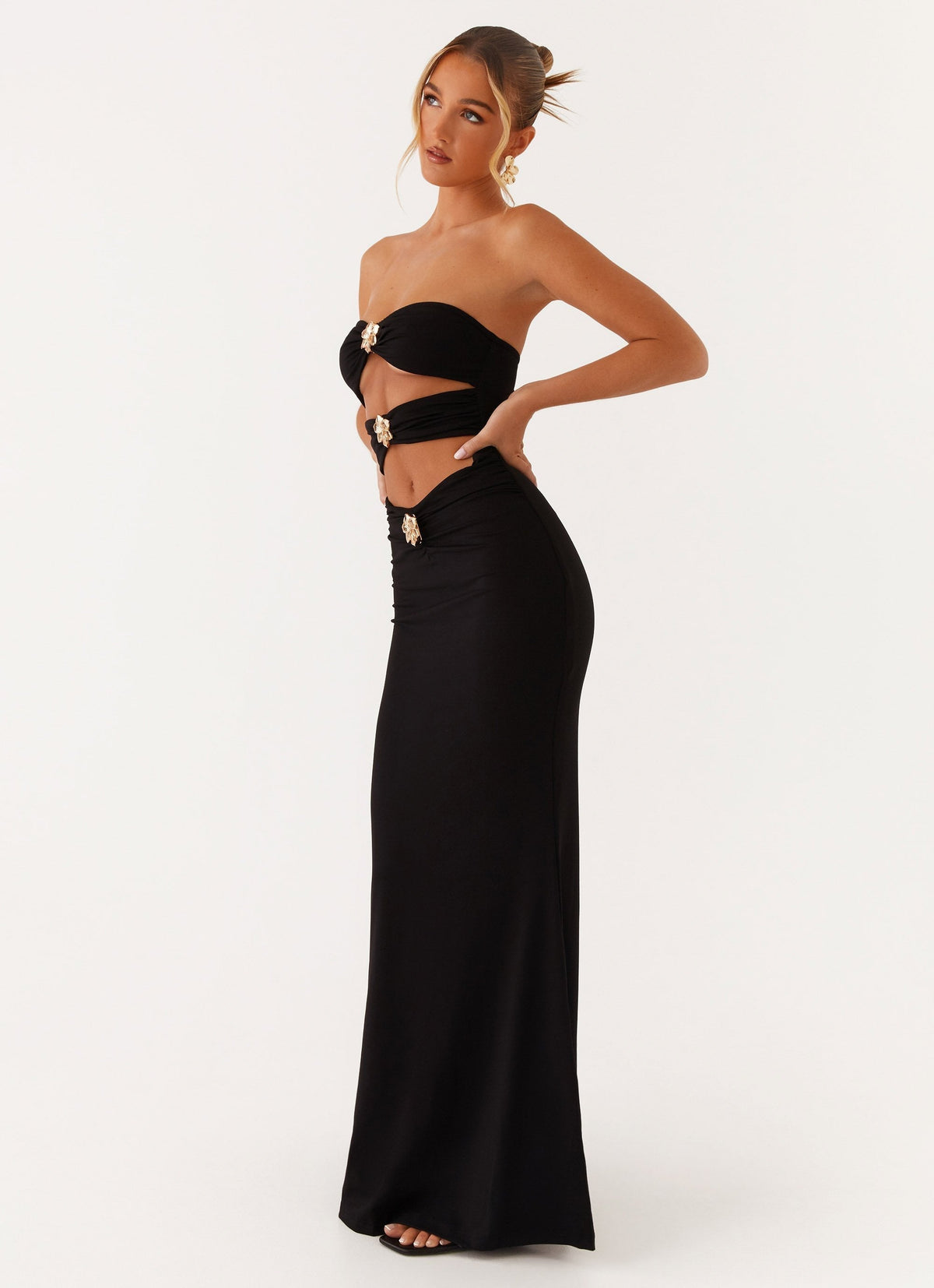 Strapless Bandeau Floral Applique Horizontal Cutout Bodycon Maxi Dress 5