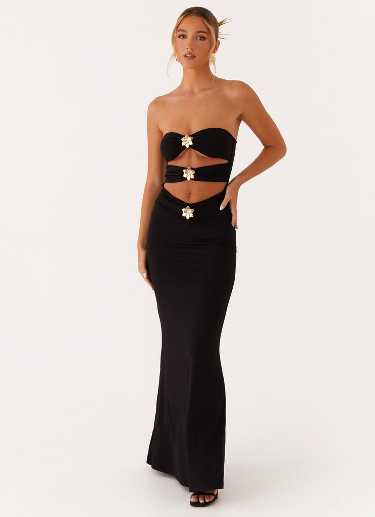 Strapless Bandeau Floral Applique Horizontal Cutout Bodycon Maxi Dress 4