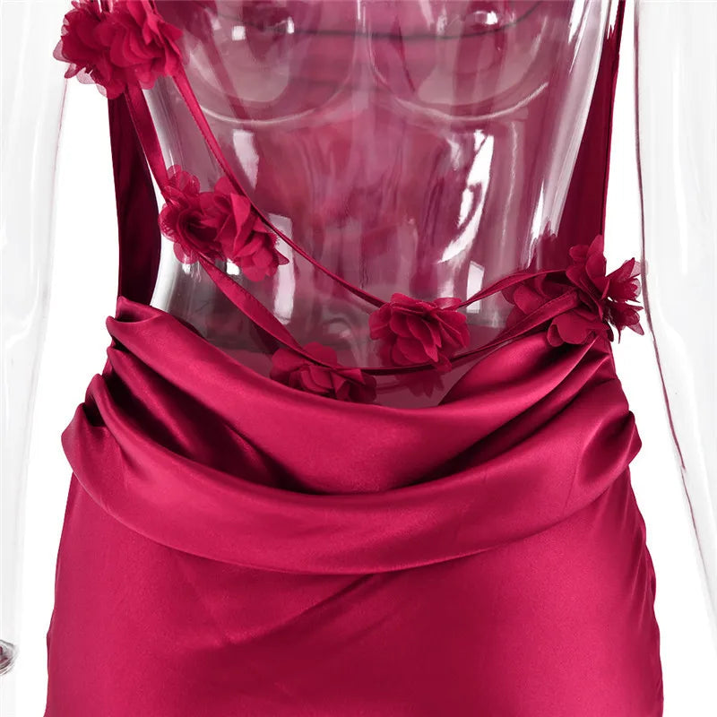 Spaghetti Strap Floral Applique Cowl Back Satin Maxi Dress 37