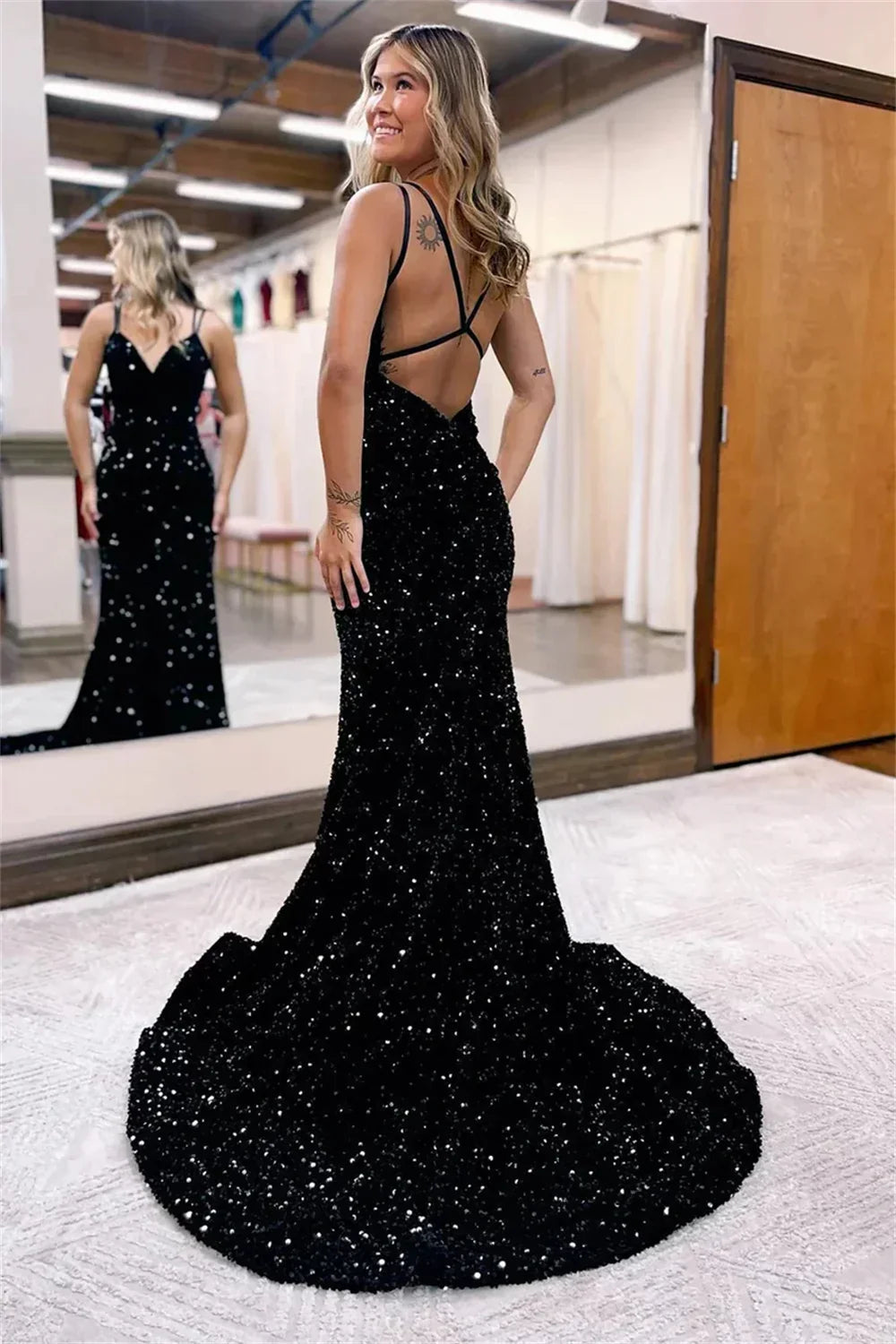 Sequin Criss Cross Back Deep V-Neck Mermaid Maxi Gown 2