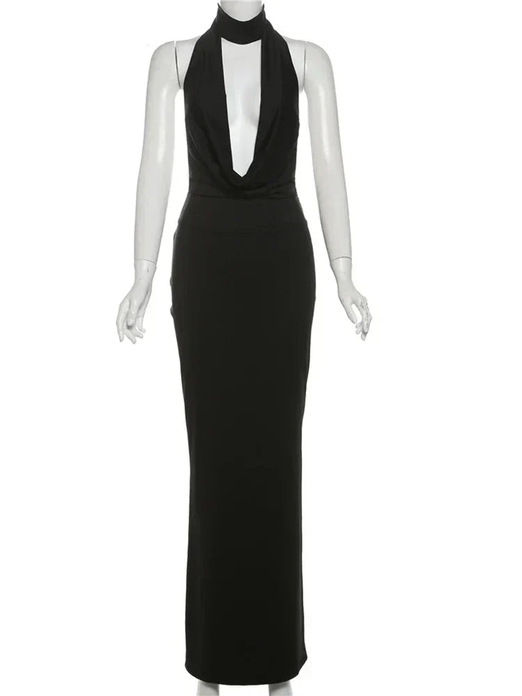 Halter Plunging Cowl Backless High Slit Maxi Dress 6