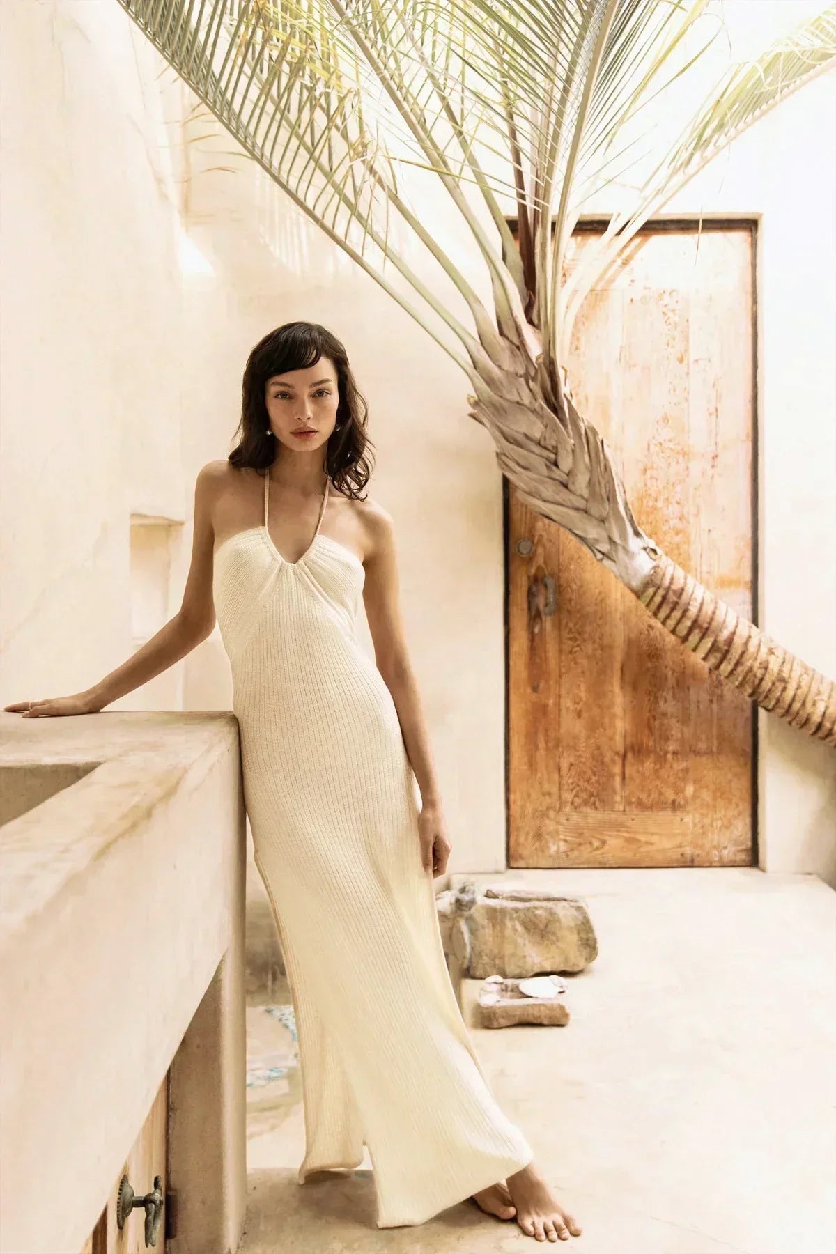 Halter Cross Strap Deep V Neck Ribbed High Slit Maxi Dress 20