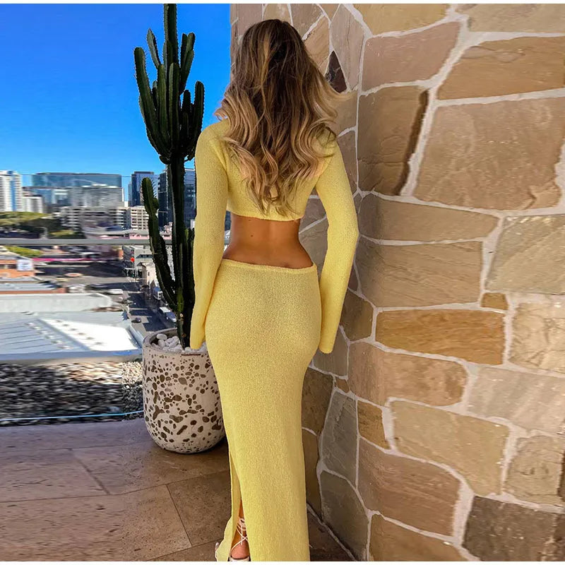 Crew Neck Cutout Twist Waist Side Slit Boucle Knit Maxi Dress 11