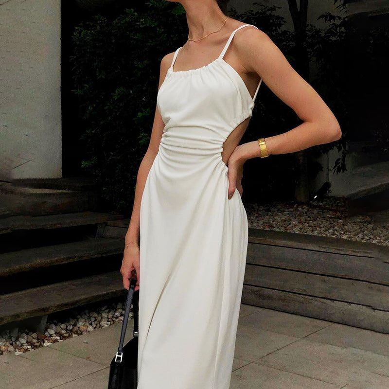 Cutout Side Ruched Spaghetti Strap Backless Satin Midi Dress