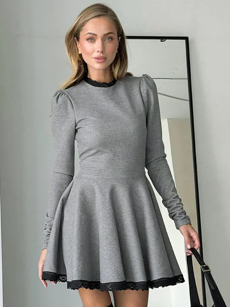Lace Trim Fit Flare Long Sleeve Mini Dress