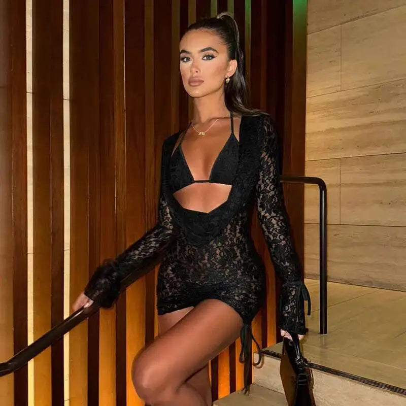 Floral Lace Strapless Sweetheart Neck Tiered Ruffle Hem Bodycon Mini Dress 4