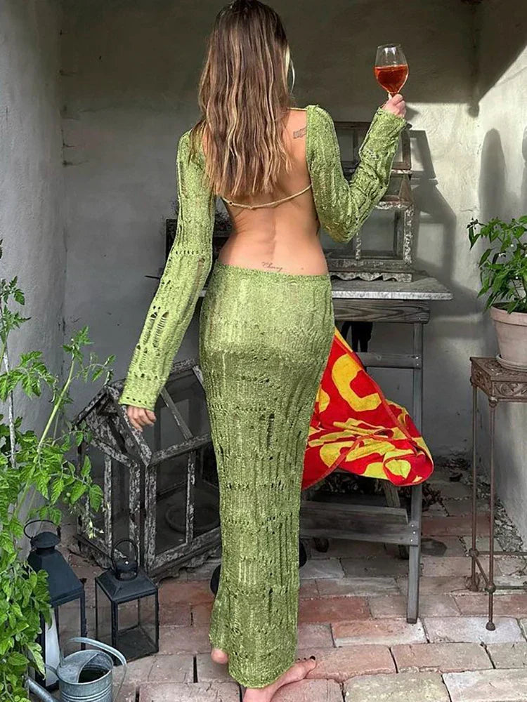 Knit Open Weave Mock Neck Long Sleeve Side Cut Out Bodycon Maxi Dress 4