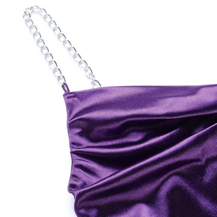 Cowl Neck Chain Strap Side Ruched Drawstring Hem Satin Mini Dress 7