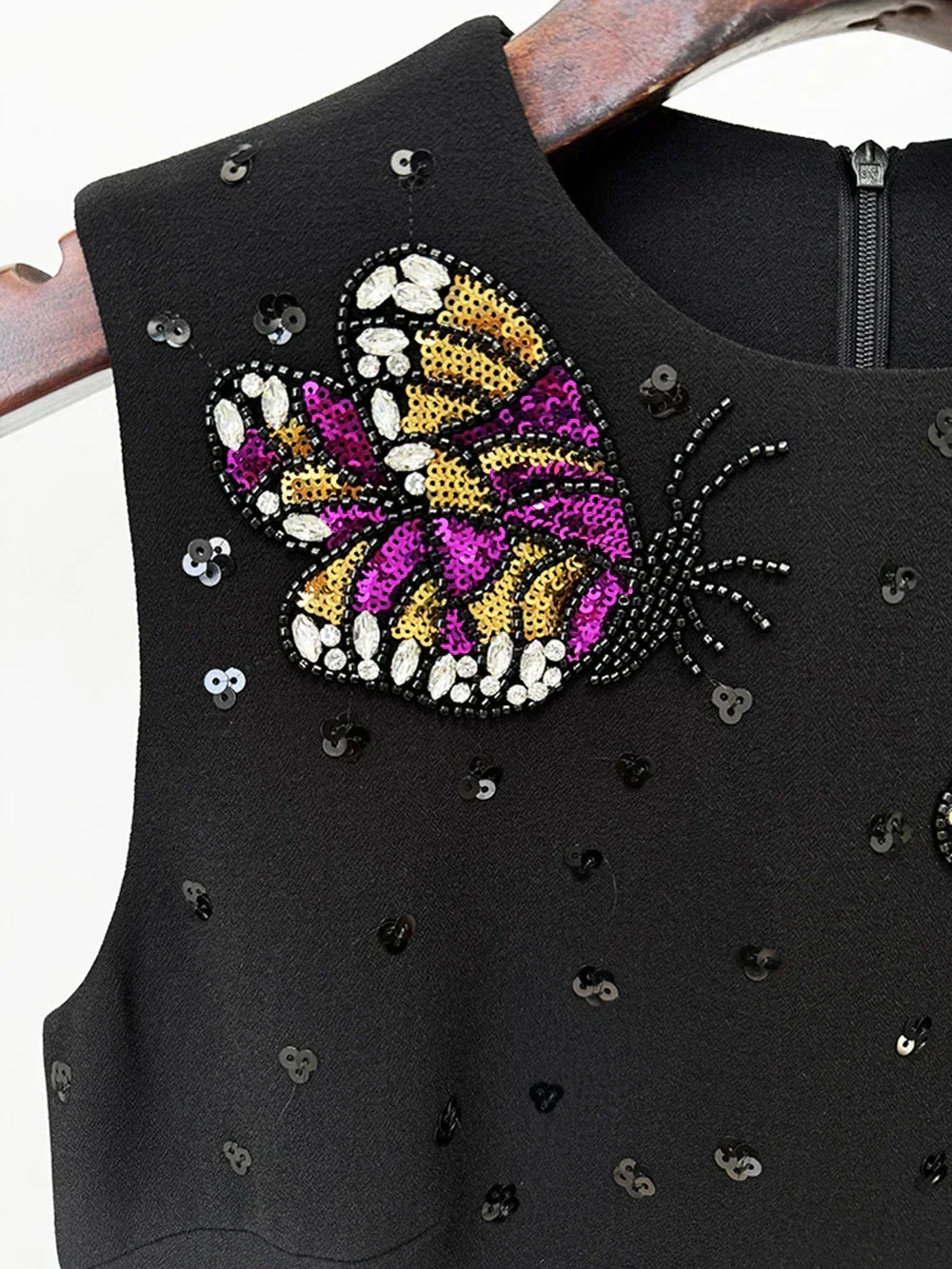 Crew Neck Butterfly Beaded Embellished Box Pleat Mini Dress 6