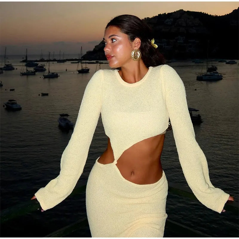 Crew Neck Cutout Twist Waist Side Slit Boucle Knit Maxi Dress 14