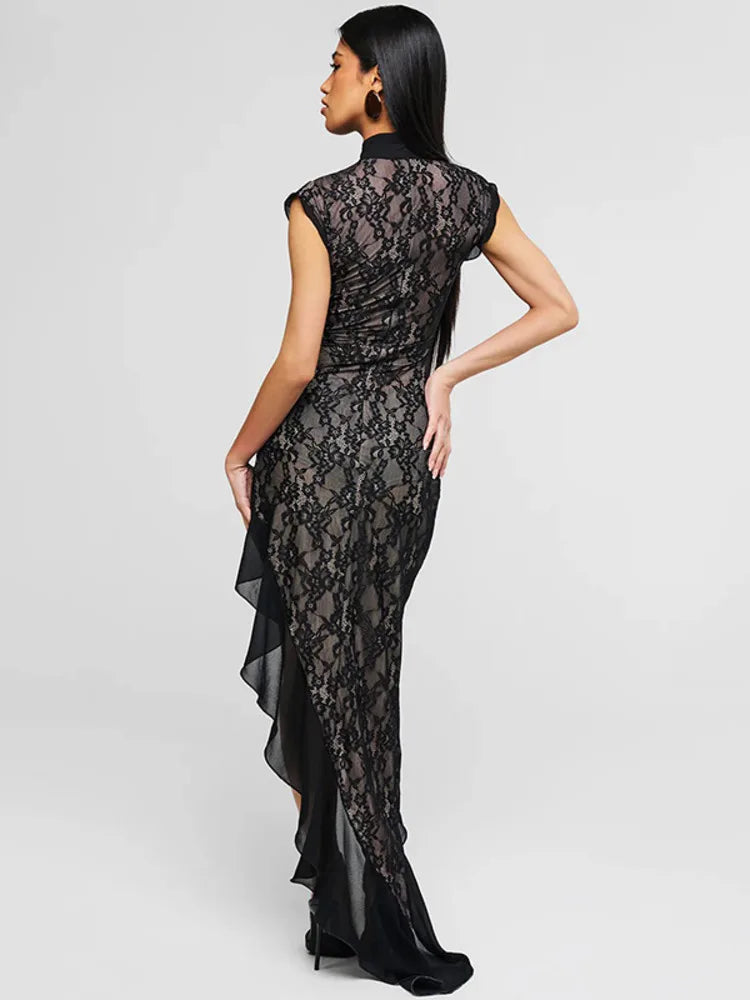 Mandarin Collar Keyhole Floral Lace Ruffled Hem High Low Maxi Dress 4