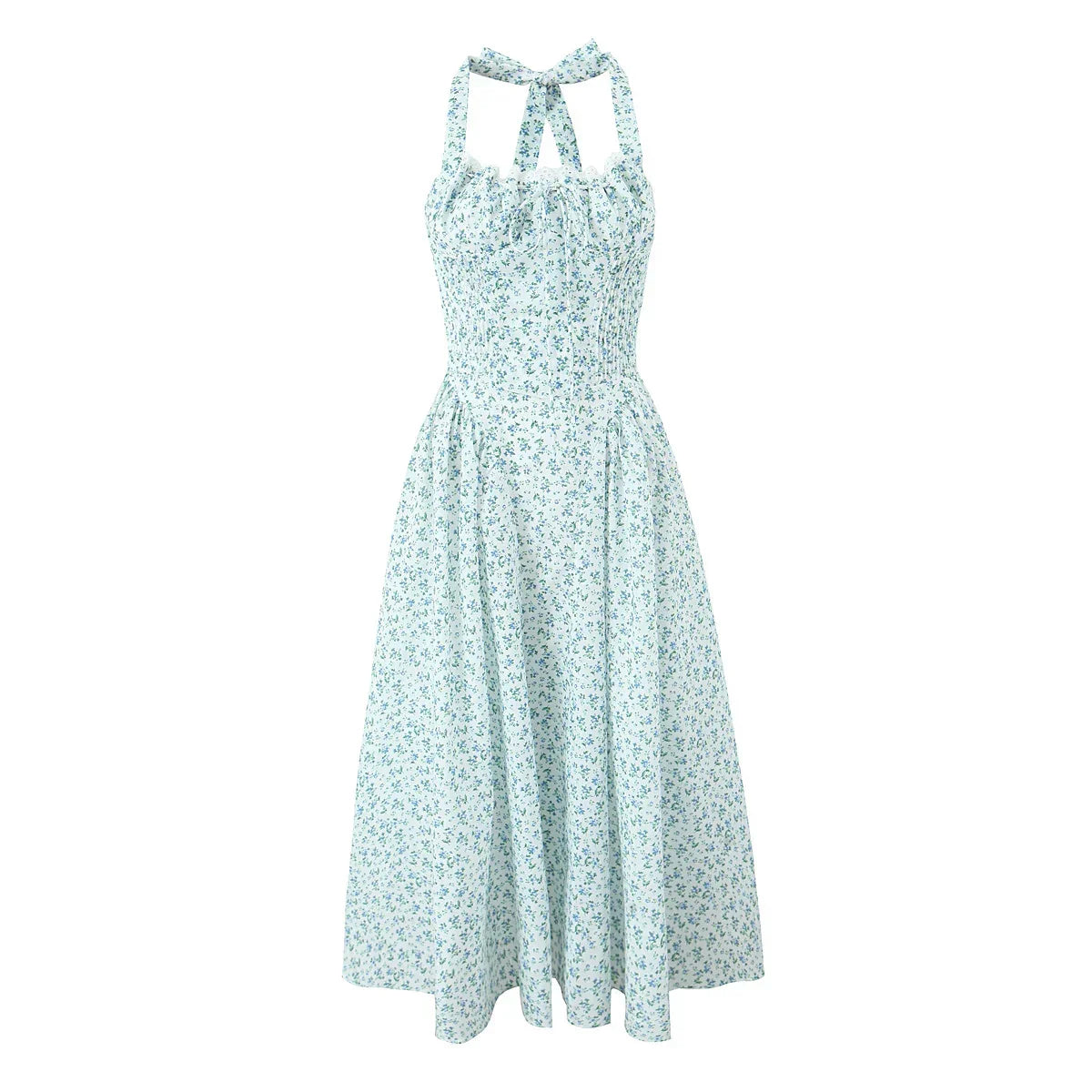 Halter Sweetheart Ruffle Trim Ditsy Floral Fit and Flare Midi Dress 2
