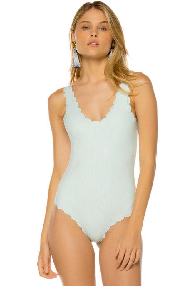 Scalloped Edge Vertical Striped One Piece Swimsuit