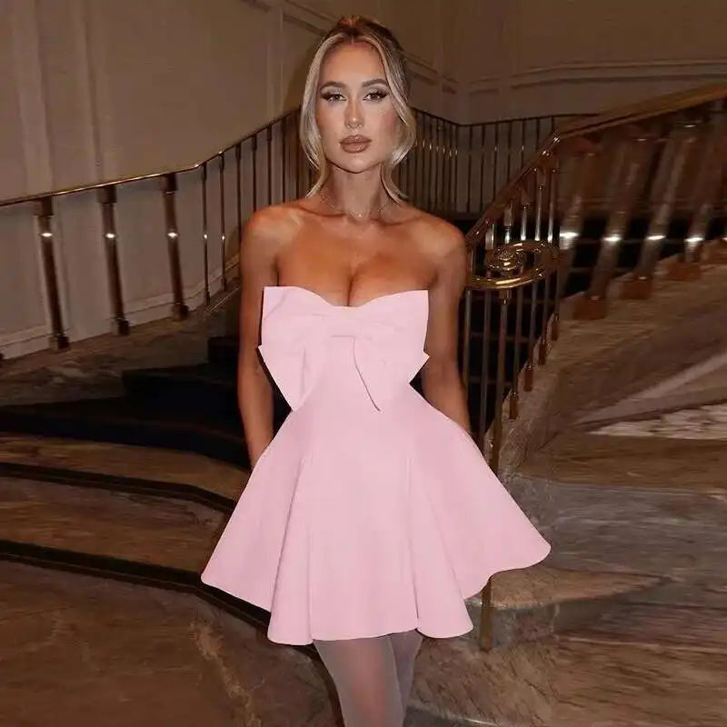 Pearl Trim Neckline Princess Seam Oversized Bow Back Fit and Flare Mini Dress 14