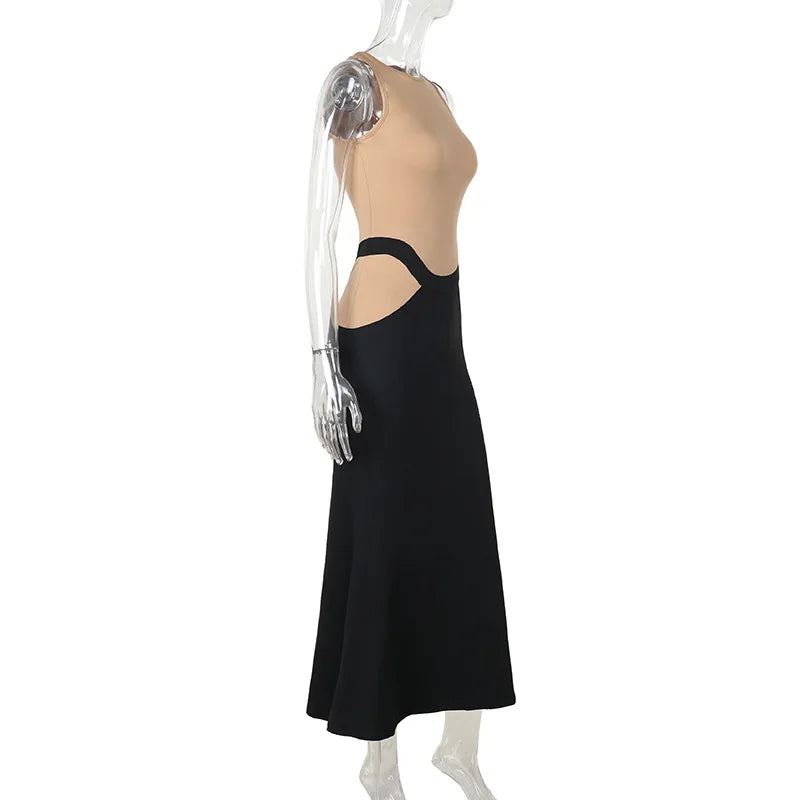 High Neck Sheer Mesh Bodice Curved Waist Hip Cutout Column Maxi Gown 8