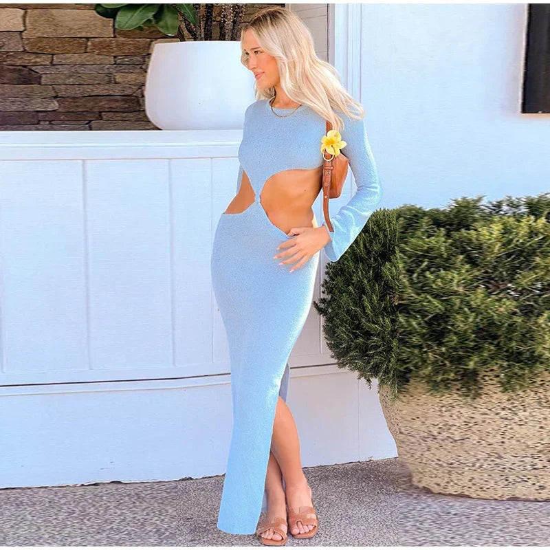 Crew Neck Cutout Twist Waist Side Slit Boucle Knit Maxi Dress 17