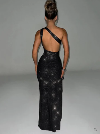 Glitter One Shoulder Open Back Cross Strap Bodycon Maxi Gown