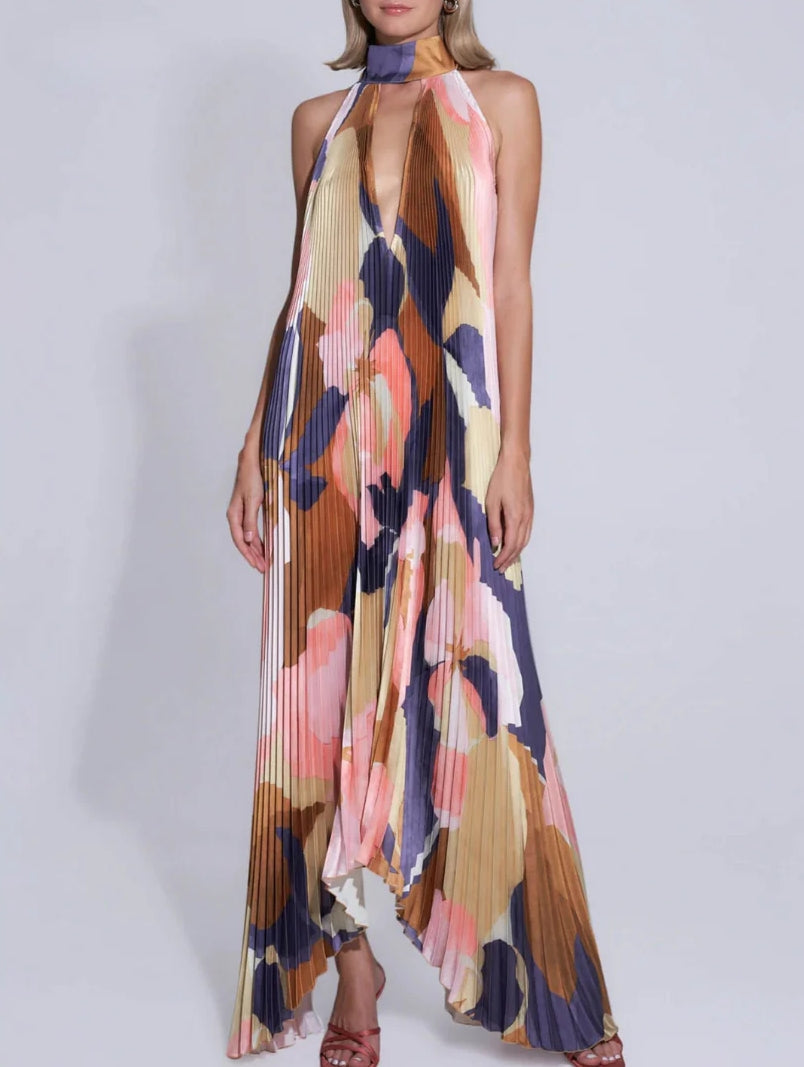 Plisse Halter Deep V-Neck Abstract Print Flowy Maxi Dress 2