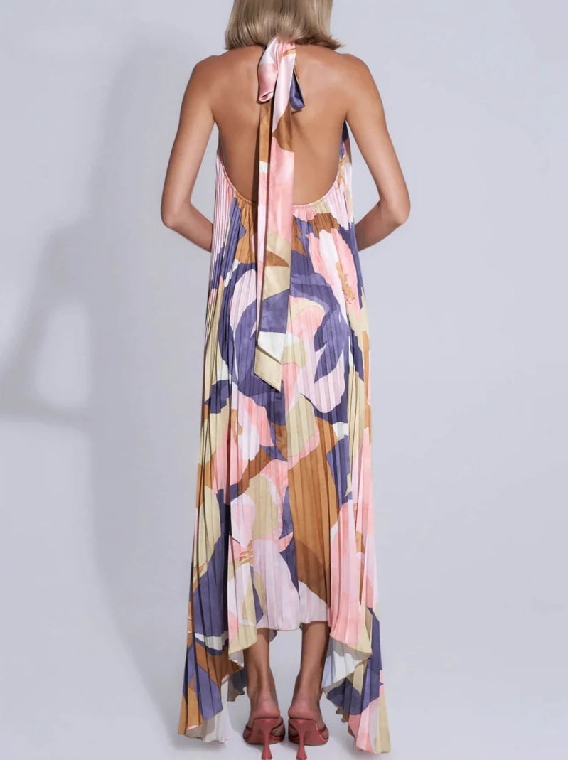 Plisse Halter Deep V-Neck Abstract Print Flowy Maxi Dress 3