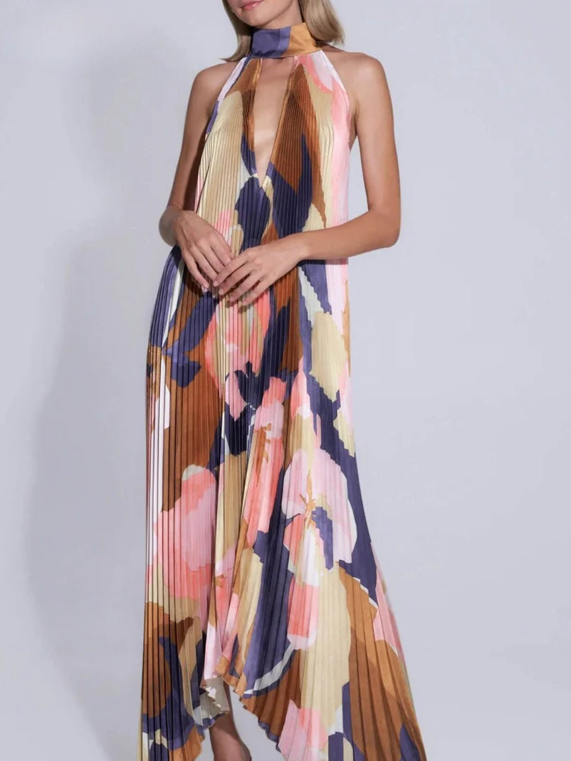 Plisse Halter Deep V-Neck Abstract Print Flowy Maxi Dress 4