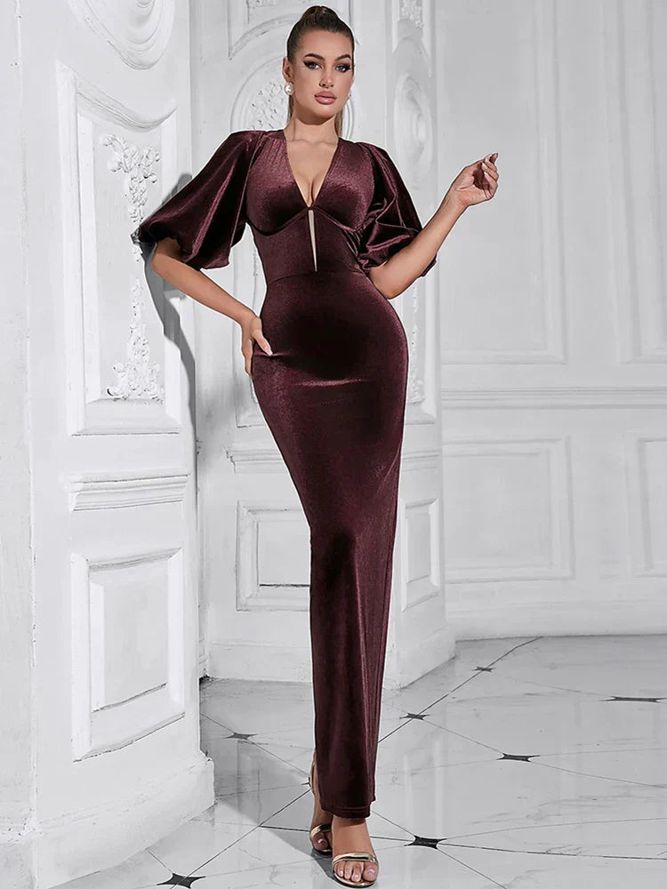 Deep V Puff Sleeve Waist Cutout Column Velvet Maxi Gown