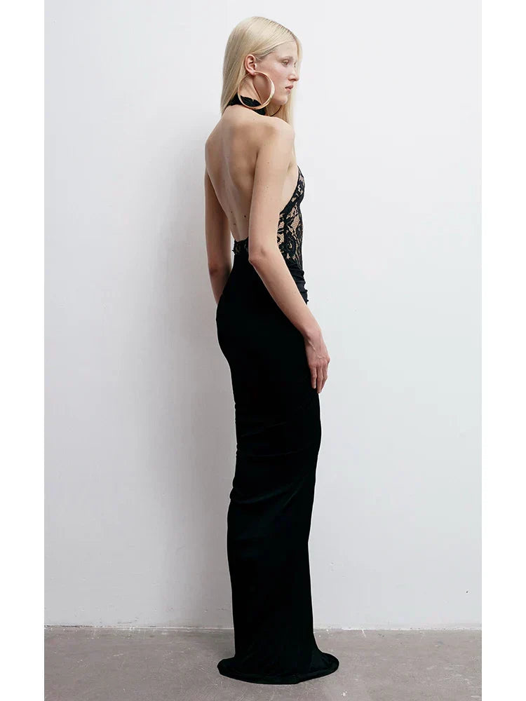 Halter Neck Floral Lace Bodice Column Maxi Dress 5